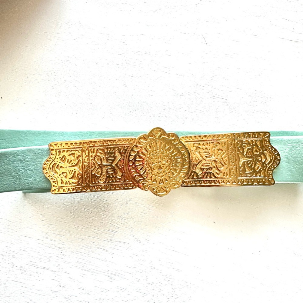 Dotty Smith Gold Belt Buckle Teal Robbin’s Egg Blue Belt Vintage 1980’s 1990’s